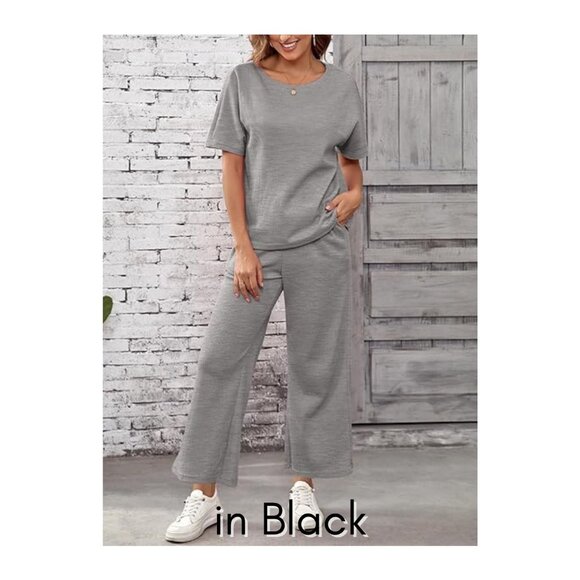 NEW SHEWIN 2 PC Lounge Set - Casual Waffle Knit Short Sleeve Top/Wide Leg Pant - Picture 2 of 6